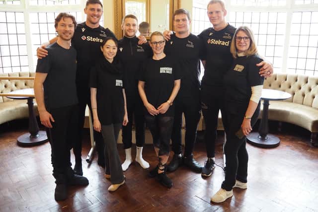 Members of Birmingham Royal Ballet with the rugby players