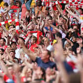 Sunderland fans celebrate Ross Stewart's goal at Wembley in May