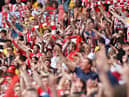 Sunderland fans celebrate Ross Stewart's goal at Wembley in May