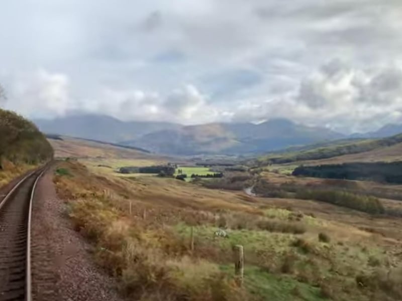 A train driver's view of the West Highland Line landscape.
