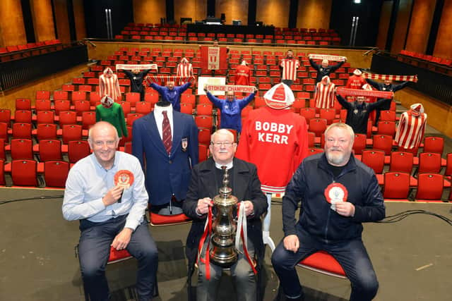 SAFC legend Bobby Kerr with John Mowbray, Fans Museum founder Michael Ganley, right, and his team