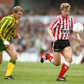 Sunderland forward Marco Gabbiadini (r) and Newcastle defender John Anderson battle for the ball during a League Division Two play off semi final match between Sunderland and Newcastle at Roker Park on May 13, 1990.