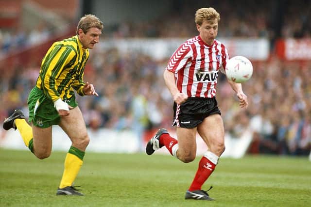 Sunderland forward Marco Gabbiadini (r) and Newcastle defender John Anderson battle for the ball during a League Division Two play off semi final match between Sunderland and Newcastle at Roker Park on May 13, 1990.