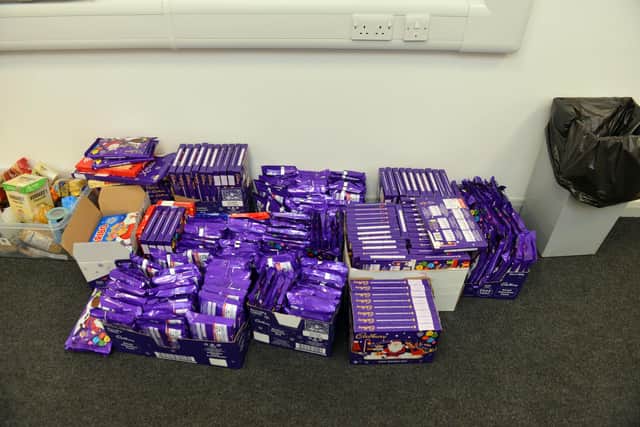 Some of the 272 selection boxes collected by teenagers at Sunderland College.