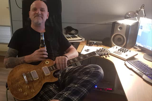 Frontman of The Stranglers, Baz Warne, from Sunderland, recording a guitar solo for The Mugshots at his home studio