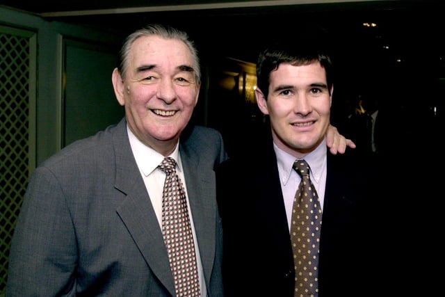 Brian Clough and his son Nigel, arriving at London's Grosvenor House Hotel Thursday, March 30th 2000.