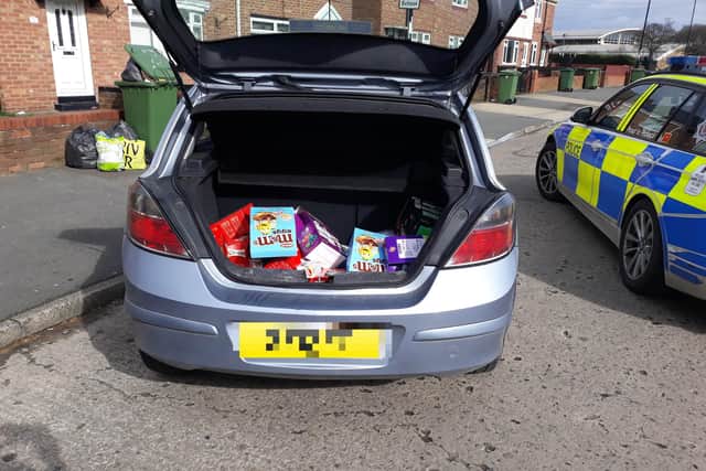 Officers discovered a haul of stolen Easter eggs and alcohol in the boot of the car.
