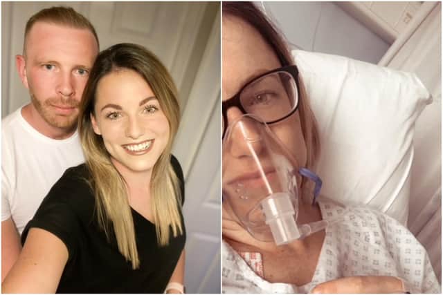(L) Jessica Brady with fiance Stuart Coxon. (R) Jessica has been in and out of hospital for three years as she battles endometriosis.