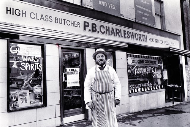 Mr Peter Charlesworth, Wath butcher and wine merchant, pictured outside his shop in High Street, Wath-on-Dearne pictured in December 1979
