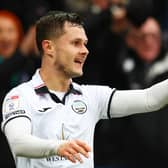 SWANSEA, WALES - FEBRUARY 04:  Liam Cullen of Swansea celebrates after scoring his team's second goal during the Sky Bet Championship between Swansea City and Birmingham City at Liberty Stadium on February 04, 2023 in Swansea, Wales. (Photo by Dan Istitene/Getty Images)