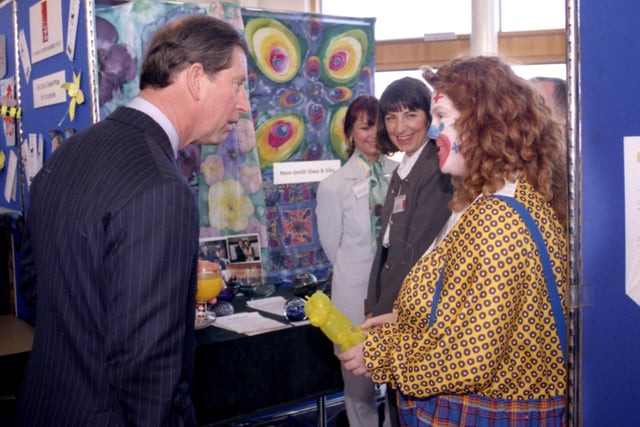 Prince Charles meets Cass the Clown, who started off with help from the Prince's Trust. Here they are at Sunderland University in April 1996.