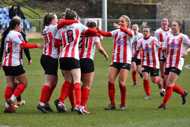 Sunderland Ladies celebrate Holly Manders' goal. Picture: Chris Fryatt.