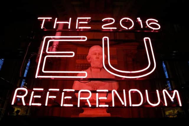 A neon sign for the EU Referendum on June 23, 2016. Picture: Rob Stothard/POOL/AFP via Getty Images.