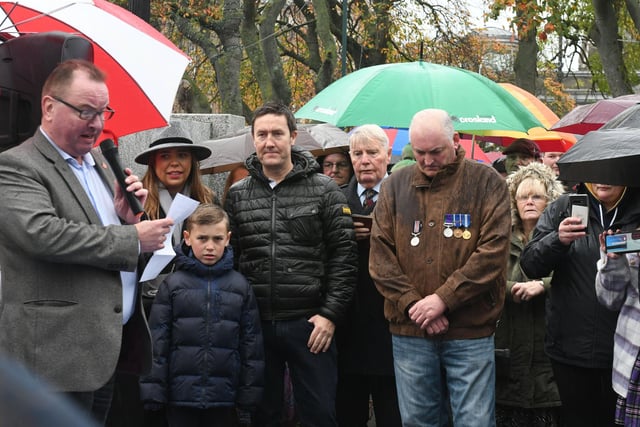 Organiser Rob Deverson, left, speaking at the unveiling of the latest additions to the Veterans' Walk in Mowbray Park.