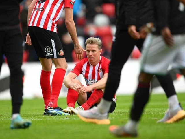 SUNDERLAND, ENGLAND - MAY 22: Sunderland captain Grant Leadbitter reacts dejectedly after the Sky Bet League One Play-off Semi Final 2nd Leg match between Sunderland and Lincoln City  at Stadium of Light on May 22, 2021 in Sunderland, England. (Photo by Stu Forster/Getty Images)