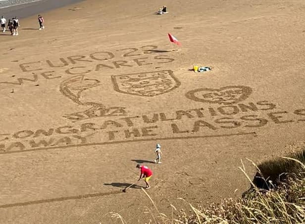 A message for the Lionesses on the beach at Seaburn. Picture: Stuart Wilson.