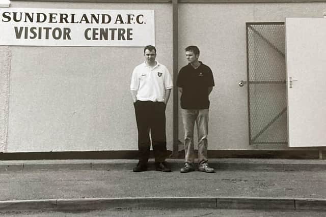 An arty picture of your author, left, when he was SAFC information officer in 1996, with visitor centre regular Gerard Dunn. Very Joy Division-y. Picture by Terry McNally.