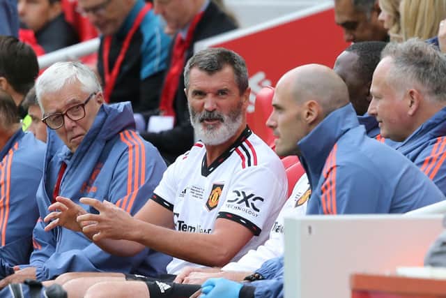 LIVERPOOL, ENGLAND - SEPTEMBER 24: Roy Keane of Manchester United Legends prepares to come on as a substitute during the Legends of the North charity match at Anfield on September 24, 2022 in Liverpool, England. (Photo by John Peters/Manchester United via Getty Images)