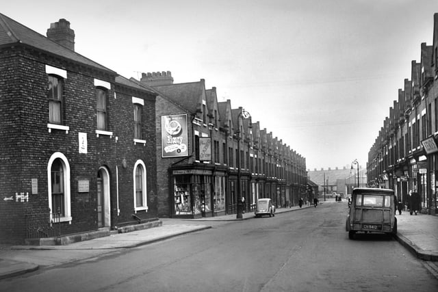 Hartley's glass works once stood in Hylton Road, but the site was later developed for shops and houses.  The former divisional police station is shown on the left of this 1955 picture.