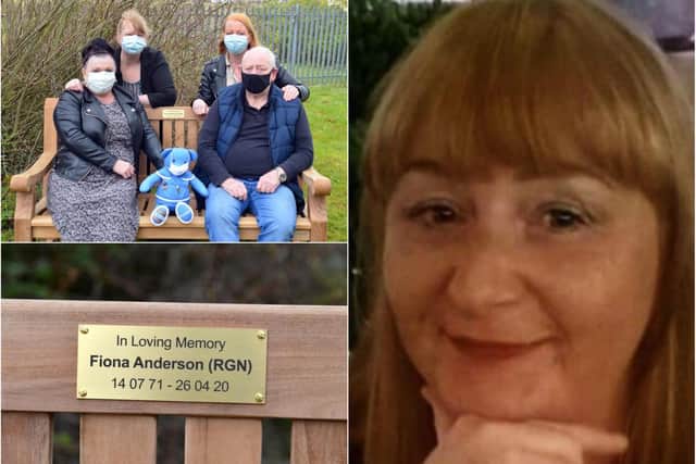 A memorial bench has been unveiled at Grindon Lane Primary Care Centre in honour of community nurse Fiona Anderson who died in April last year after testing positive for Covid-19.