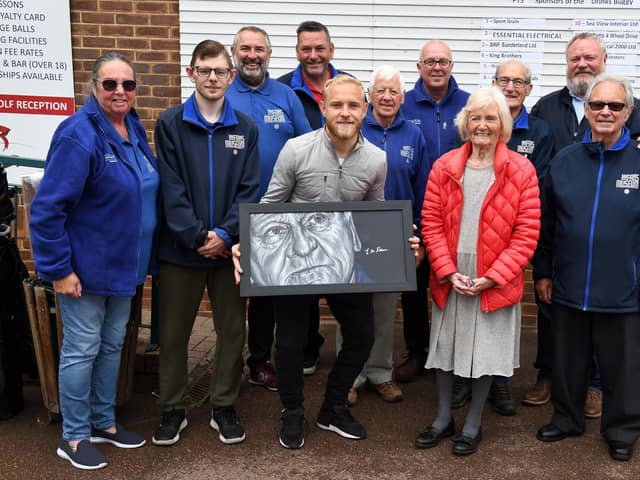 Sunderland midfielder Alex Pritchard, holding Bobby Robson's picture, alongside Sir Bobby's widow Elsie at the golf event.