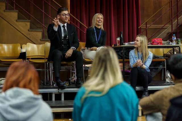 The Apprentice contestant  Reece Donnelly talks with staff and students during his tour of the drama facilities at the  University of Sunderland. 

Picture: DAVID WOOD
