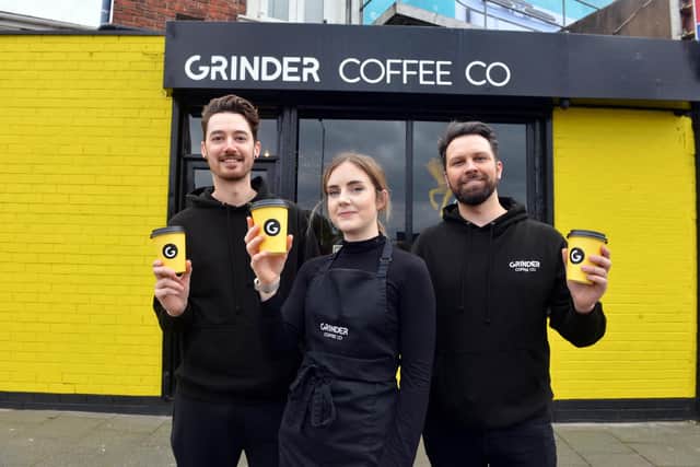 Grinder Coffee Co manager Fiona Mullen with directors Riki Tsang and Michael Curtis (R).