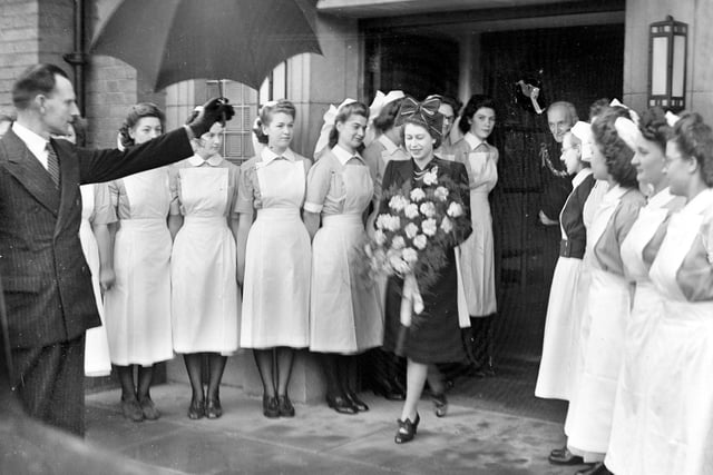 Nurses form a Guard of Honour for Princess Elizabeth as she leaves Sunderland Eye Infirmary.