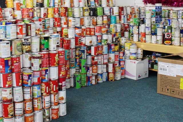 Some of the 3,000 tins donated by pupils and staff at Southmoor Academy