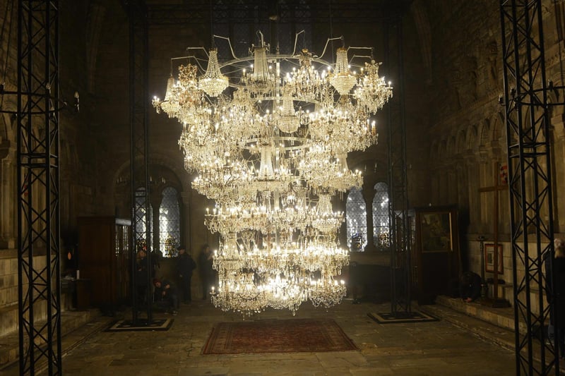 Illuminated Bottle Rack by Ai Weiwei sees an incredible chandelier installed in the cathedral's Chapter House.