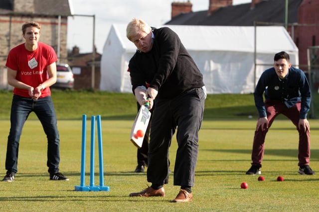 Boris Johnson (centre front) plays cricket at Chester Le Street Cricket Club in County Durham  as part of his tour on the Vote Leave campaign bus. Photo: Peter Byrne/PA Wire.