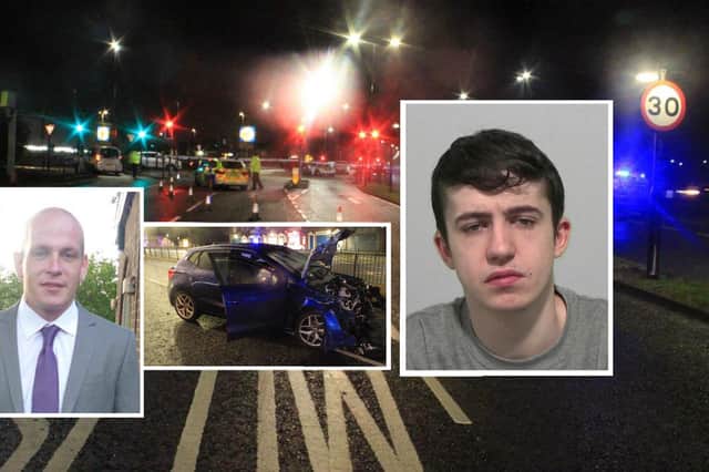 Lewis Urban, inset right, has been jailed after killing Sunderland dad Michael Giblin, inset right, in a 90mph New Year's Eve horror smash in Sunderland. Inset centre, the wreckage of Urban's car.