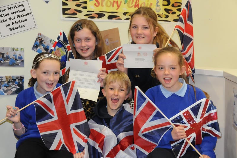 St Benet's School pupils from left (front) Amelia Asiett, Evan Longford, Olivia Wright, and (back) Anna Fairbairn and Rachel Green who wrote to the Queen and Keith Lemon inviting them to the school's Jubilee celebrations.