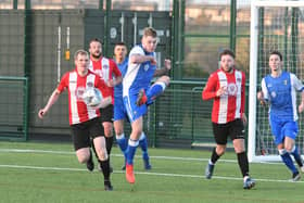 Action from Sunderland West End (red/white) against Easington Colliery (blue/white) at the Ford Sports Hub Sports Complex on Saturday.