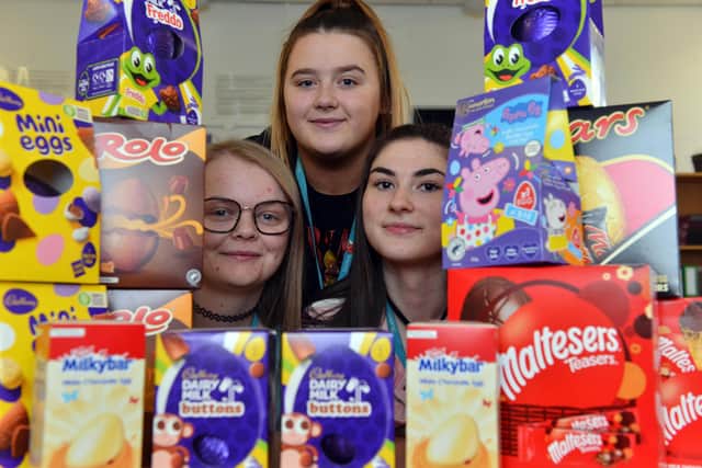 Sunderland College students Molly Finnon, 18, Neive Martin 17, and Mia O'Donnell, 17, are collecting 100 Easter eggs to donate to Sunderland Food Bank for disadvantaged children to enjoy.
