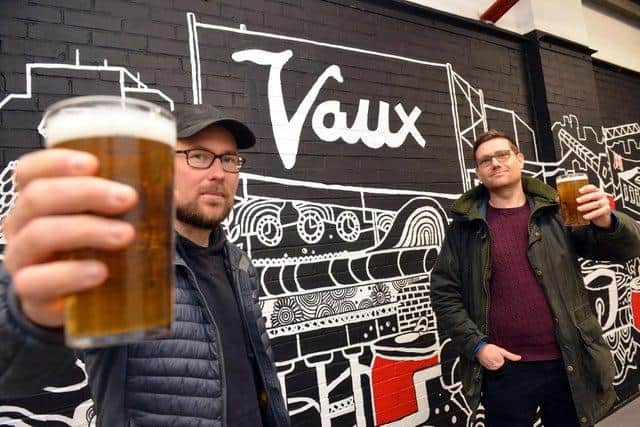 Vaux Brewery founders Steven Smith, left, and Michael Thompson toast the brewery's new Monk Street home in Roker.
