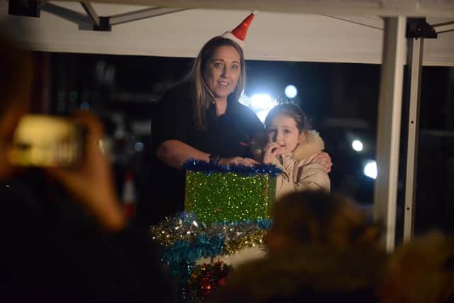 Pallion Christmas lights switch on with Connor Brown Trust parent Tanya Brown and younster.