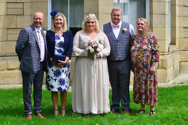 Lauren and Martyn Bell after their wedding at Bede Tower, Sunderland with Martyn's Dad Steve and step mum Deb also his mum Pam. Picture by Frank Reid
