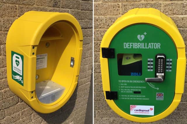 Vandals removed the door to the cabinet but did not take the defibrillator.