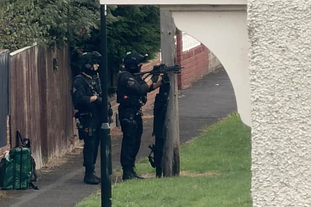 Armed police pictured in Shiney Row on Thursday afternoon following a "disturbance".