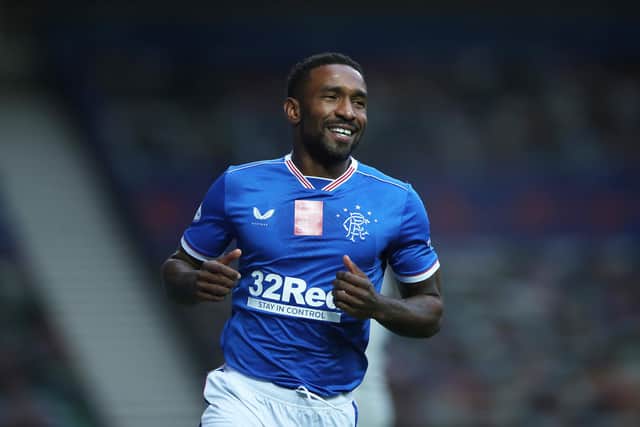 GLASGOW, SCOTLAND - OCTOBER 25: Jermain Defoe of Rangers celebrates after scoring his sides second goal during the Ladbrokes Scottish Premiership match between Rangers and Livingston at Ibrox Stadium on October 25, 2020 in Glasgow, Scotland. Sporting stadiums around the UK remain under strict restrictions due to the Coronavirus Pandemic as Government social distancing laws prohibit fans inside venues resulting in games being played behind closed doors. (Photo by Ian MacNicol/Getty Images)
