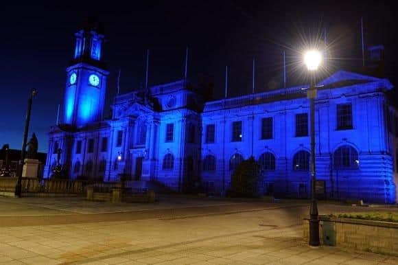 South Shields Town Hall lit up in blue.