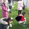Town End Academy pupils Sienna Griffiths, eight, Hannah Freeman, seven, and Alicia Cave, seven, planting their saplings.