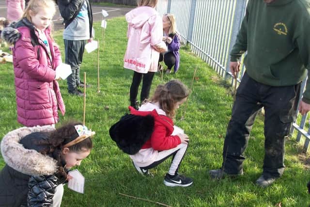 Town End Academy pupils Sienna Griffiths, eight, Hannah Freeman, seven, and Alicia Cave, seven, planting their saplings.