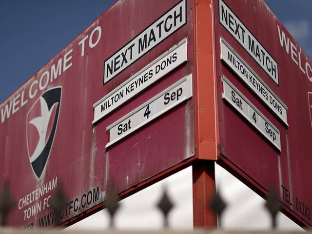CHELTENHAM, ENGLAND - SEPTEMBER 04: General views before the Sky Bet League One match between Cheltenham Town and Milton Keynes Dons at The Jonny-Rocks Stadium on September 04, 2021 in Cheltenham, England. (Photo by Ryan Pierse/Getty Images)