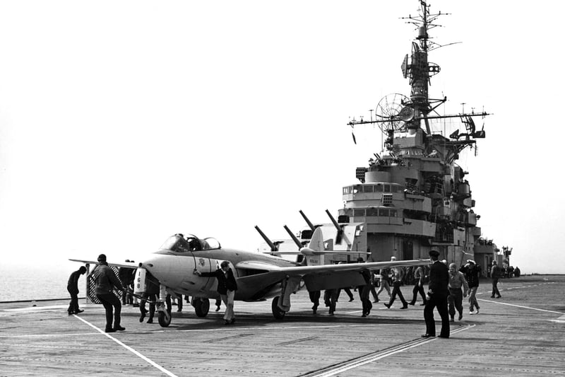 A Royal Navy Fleet Air Arm Hawker Sea Hawk jet fighter prepares to conduct take off and landing drills from the angled flight deck of the United States Navy Essex-class aircraft carrier the USS Antietam (CV-36) on 3 July 1953 at Portsmouth, Great Britain.  (Photo by Keystone/Getty Images)