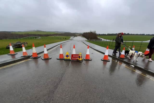 The road leading to the lake car park at Herrington County Park has been closed off due to flooding.