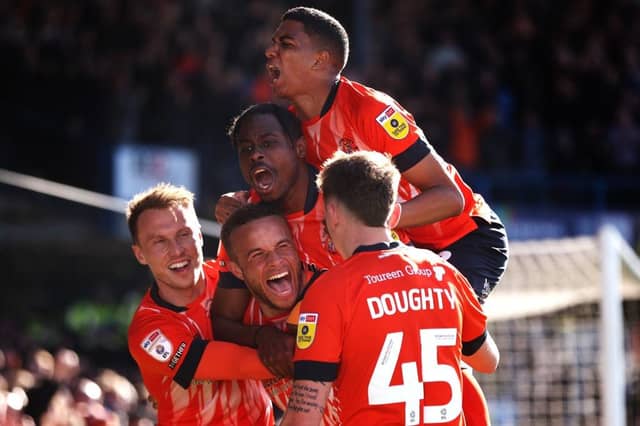 Morris of Luton Town celebrates after scoring against Blackpool. (Photo by Alex Pantling/Getty Images)