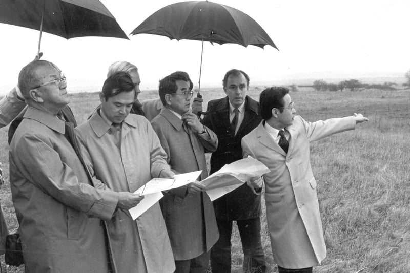 Nissan company officials accompanied by members of the negotiating team examine the site at Sunderland Airport shortly before the announcement of the decision to come to Wearside in 1984.