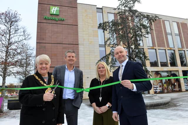Mayor of Sunderland Councillor Alison Smith officially opening the new Holiday Inn Sunderland in Keel Square in December 2022; with general manager Rob Dixon, athlete Steve Cram and Sharon Appleby of Sunderland BID.